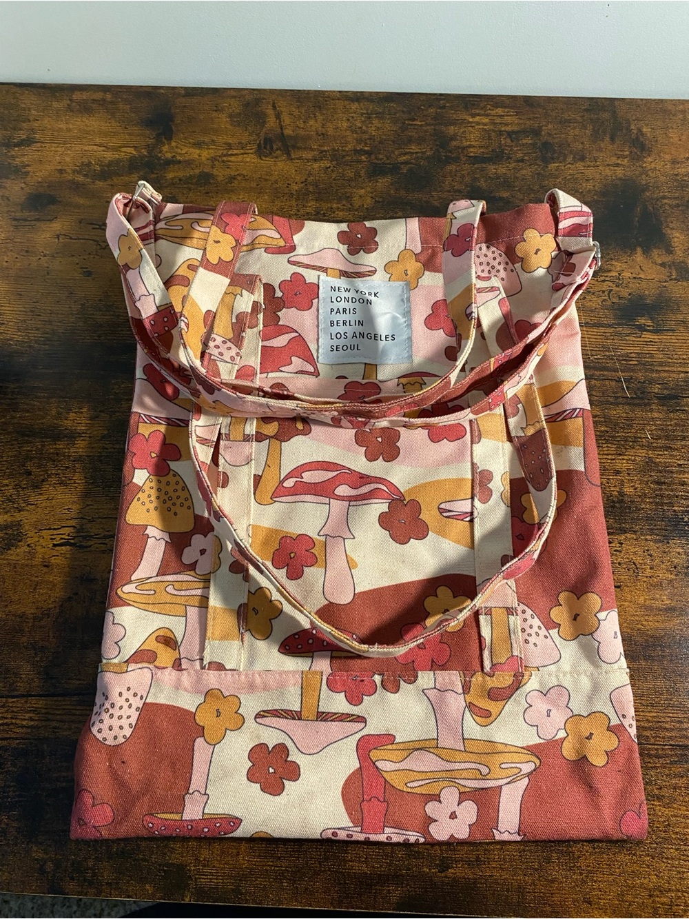 Floral Mushroom Canvas Tote Bag in Pink and Rust